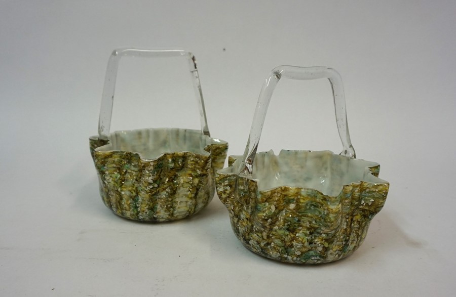 A Pair of Continental Mottled Glass Bon-Bon Baskets, circa early 20th century, with multi-coloured