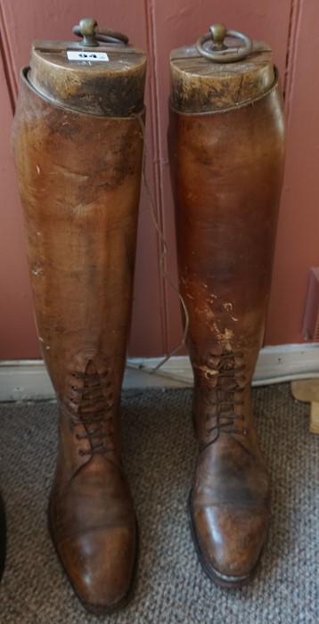 A Pair of Vintage Tan Leather Riding Boots, Having wooden trees, 50cm high, (2)