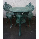 A Victorian Green Painted Cast Iron Garden Table, In the style of Coalbrookdale, With mask