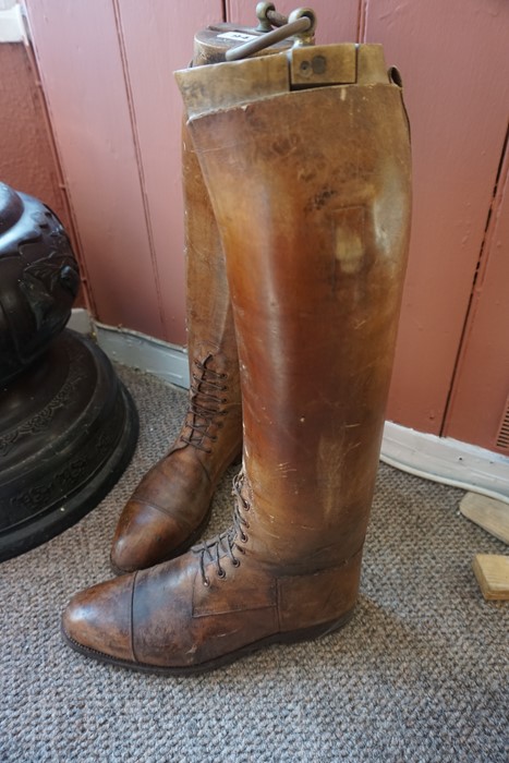 A Pair of Vintage Tan Leather Riding Boots, Having wooden trees, 50cm high, (2) - Image 3 of 3