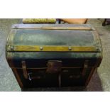 A Victorian Canvas and Leather Covered WIcker Travel Trunk, Having wood splats, 61cm high, 77cm