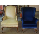 A Vintage Wing Armchair, Upholstered in blue velour, 97cm high, also with another armchair, 105cm