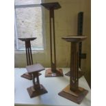 Five Assorted Arts & Crafts Oak Tapering Stands, 15cm, 34cm, 50cm high, (5)