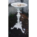 A Coalbrookdale Style White Painted Cast Iron Bird Bath, Raised on scroll feet, 75cm high