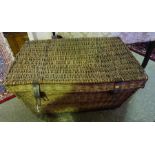 A Large Wicker Laundry Basket, 45cm high, 88cm wide, also with a Victorian tin travel trunk, with