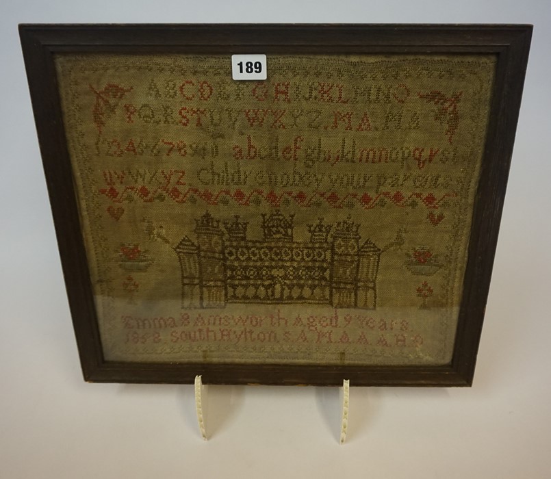 A Mid Victorian Framed Sampler, Worked by Emma Bamsworth aged 9 years, dated 1858, 35cm x 40cm, also