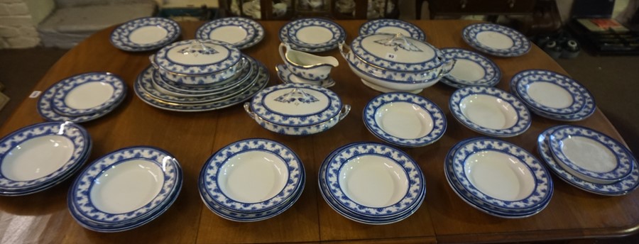 A Blue and White Pottery Dinner Set by Wood & Sons, To include tureens, serving platters, plates and
