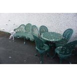 A Suite of Coalbrookdale Style Green Painted Garden Furniture, 20th century, Comprising of a