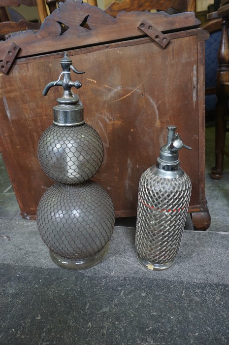 Two Vintage Soda Syphons, One example double gourd, also with two wooden serving trays, and a