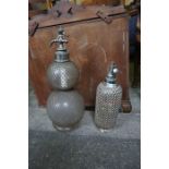 Two Vintage Soda Syphons, One example double gourd, also with two wooden serving trays, and a