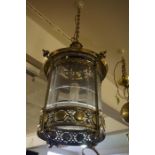 A Brass Hall Ceiling Lamp, circa late 19th century, Of cylindrical form, Decorated with roundels,