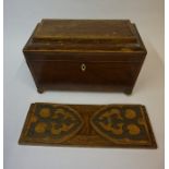 A George III Mahogany Sarcophagus Tea Caddy, Enclosing fitted compartments, lacking mixing jar,