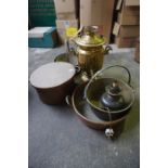 Three Vintage Brass Jam Pans, also with a large two handled copper pot, and another, brass