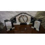 Art Deco French Three Piece Marble Clock Garniture, Comprising of mantel clock with a pair of side