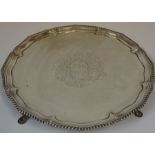 A George III Silver Salver, Hallmarks for Richard Rugg, London 1767, The circular tray engraved with