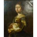 Continental School "Lady with a Dog" Oil on Canvas, Possibly late 17th century, 77.5cm x 62cm, in