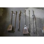 A Set of Three Victorian Steel Fire Irons, with another set of three brass fire irons, (6)