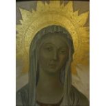 Russian School "Female Icon" Painted on Board, Having a gilded crown, inscribed to base, 42cm x