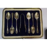 A Set of Six Edwardian Silver Coffee Spoons & Tongs, Hallmarks for Sheffield 1909, boxed, also