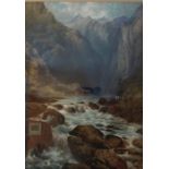 Edgar E West (Active 1857-1892) "Norwegian Mountain & River Scene" Watercolour, signed to lower