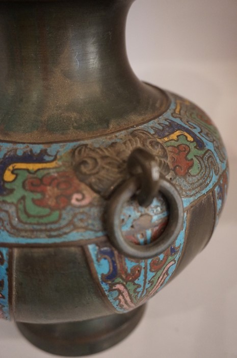 A Japanese Bronze Cloissone Vase, Meiji period, Decorated with cloisonne panels, ring mask - Image 2 of 3