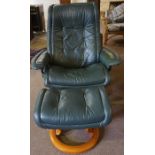 A Modern Green Leather Recliner Armchair, with matching footstool, chair 100cm high, (2)