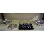A Small Mixed Lot of Silver Plated Wares, To include a cake basket with a swing handle, a set of