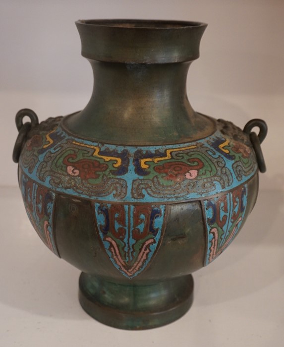 A Japanese Bronze Cloissone Vase, Meiji period, Decorated with cloisonne panels, ring mask