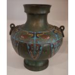 A Japanese Bronze Cloissone Vase, Meiji period, Decorated with cloisonne panels, ring mask
