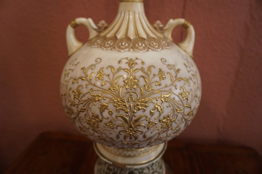 A Porcelain Vase / Lamp by Royal Worcester, circa late 19th century, converted, decorated with - Image 3 of 5