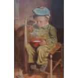 A.Cooke "Boy Eating Porridge" Watercolour, signed to lower left, 33.5cm x 21cm, framed