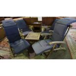 Four Folding Wood Deck Chairs, Having brass mounts, with detachable cushion covers, 117cm high, also