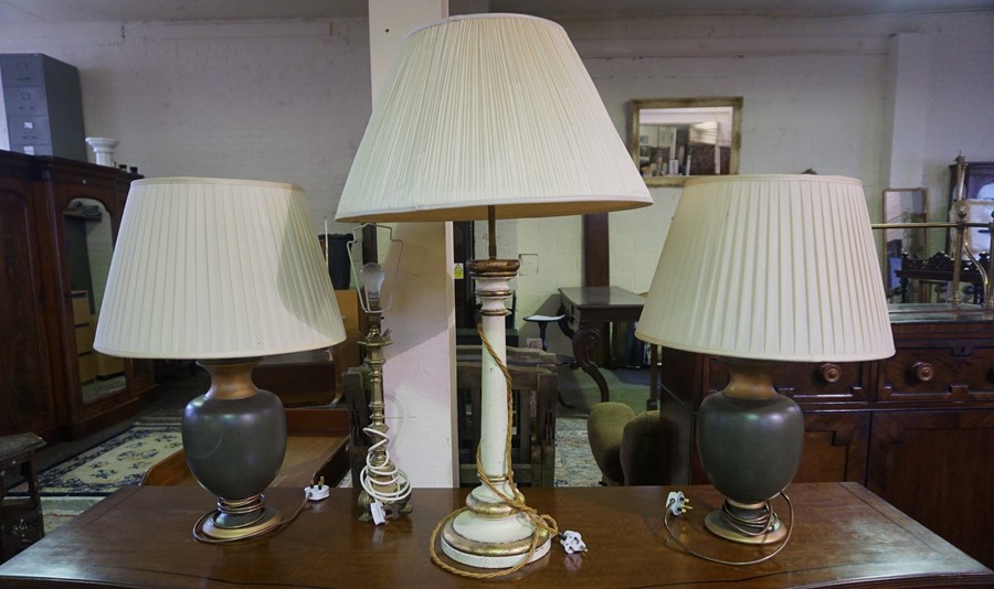 A Pair of Modern Urn Shaped Table Lamps, With shades, converted to electricity, 36cm high, also with