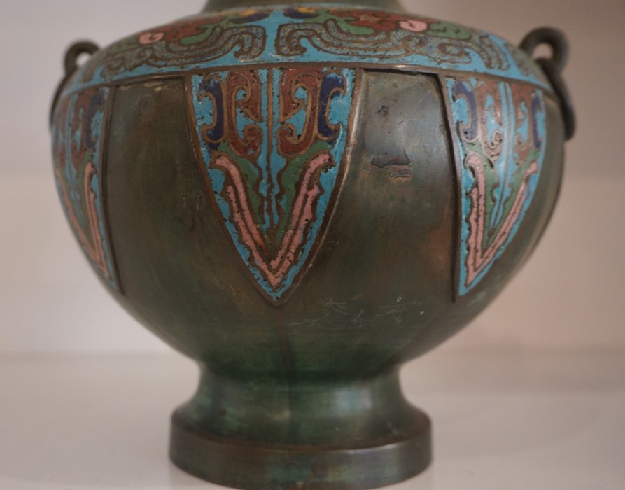 A Japanese Bronze Cloissone Vase, Meiji period, Decorated with cloisonne panels, ring mask - Image 3 of 3