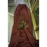 Two Pairs of Red Damask Pattern Curtains, With matching tassle ties, drop 296cm, (4)Condition