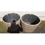 Two Half Wooden and Metal Bound Barrels, 44cm high, 64cm wide, (2)