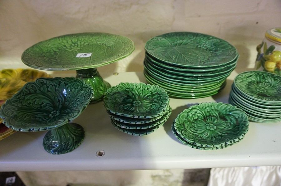 Five Pieces of Ceramics by Sarreguemines of France, Decorated with fruit to most pieces, on a yellow