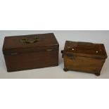 A Regency Rosewood Tea Caddy, circa early 19th century, Enclosing covers, wooden ring handles,