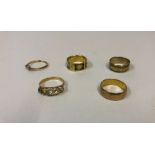 Two 9ct Gold Ladies Rings, Also with three yellow metal rings, possibly gold, to include gem set