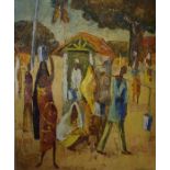 Countimon? (African) "Figures in Village Scene" Oil on Board, signed indistinctly and dated 1960