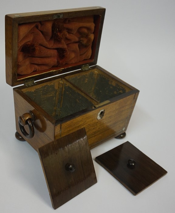 A Regency Rosewood Tea Caddy, circa early 19th century, Enclosing covers, wooden ring handles, - Image 9 of 10