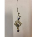 A Gem Set and Seed Pearl Pendant, Set with three blue gem stones, probably sapphires, and
