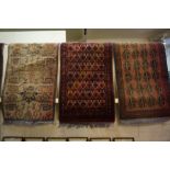 Five Assorted Small Persian Rugs / Prayer Mats, All having geometric design on various coloured