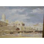 J F Shaw "North African Harbour" Oil on Board, signed to lower left, 24cm x 34cm, in an ebonised