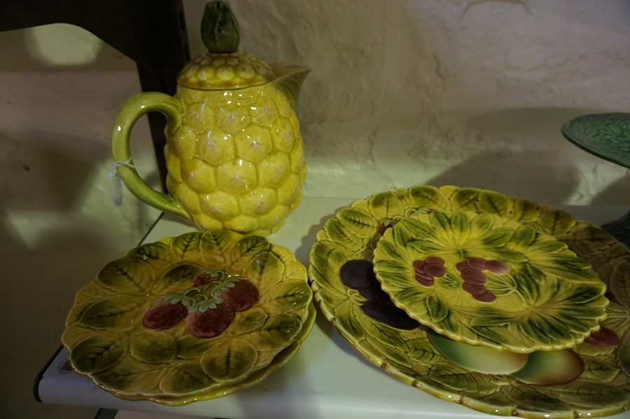 Five Pieces of Ceramics by Sarreguemines of France, Decorated with fruit to most pieces, on a yellow - Image 4 of 6