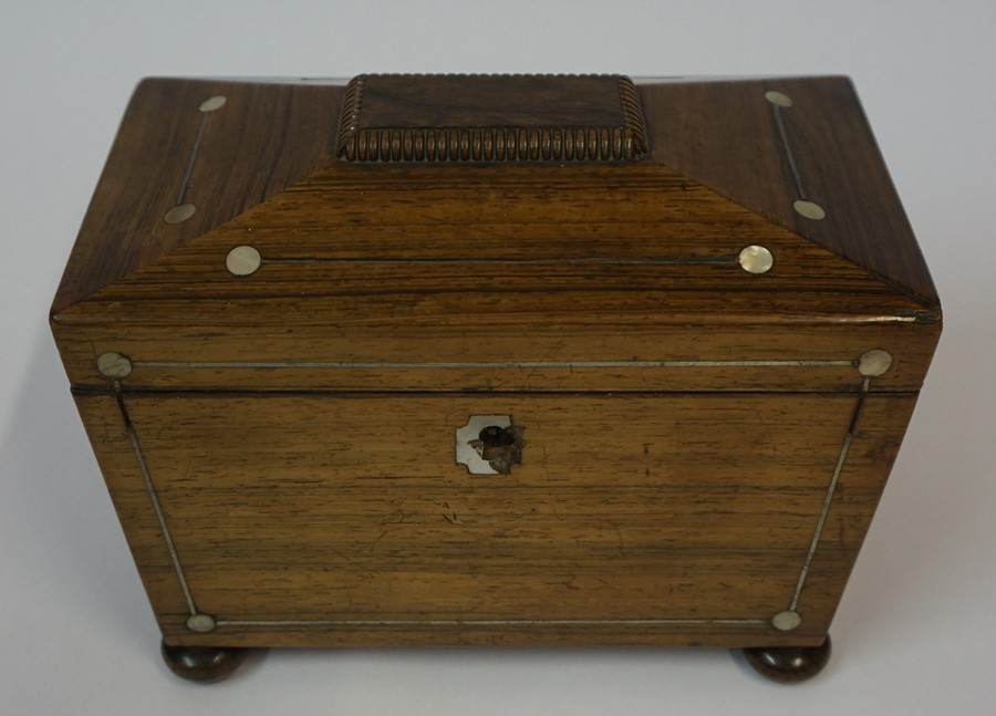 A Regency Rosewood Tea Caddy, circa early 19th century, Enclosing covers, wooden ring handles, - Image 4 of 10