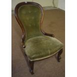 A Victorian Ladies Mahogany Parlour Chair, Having a spoon back rest, upholstered in later green