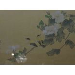 Two Chinese Prints on Silk, 20th century, Depicting birds on branches to both, character marks to