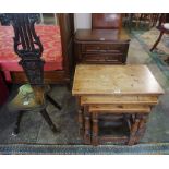 An Oak Spinning Chair, Having carved decoration, also with an oak nest of three tables, (4)