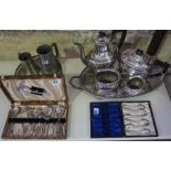 A Mixed Lot of Silver Plated Wares, To include a four piece tea set, two cases of cutlery, and two